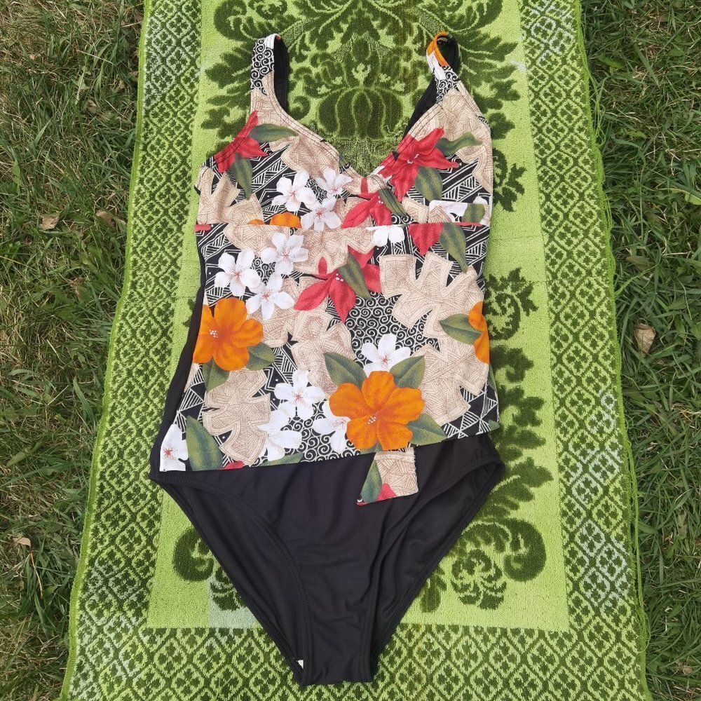 80s 90s Vintatage One Piece Tropical Swimsuit Floral Crossover Low Back Habiscus